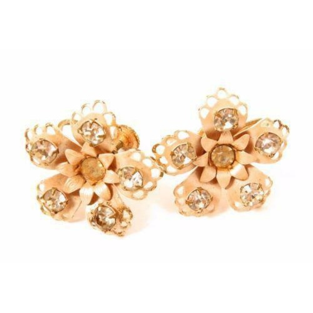 Vintage Pale Pink Enamel Lace Flowers Clear Rhinestone Floral SB Earrings‎